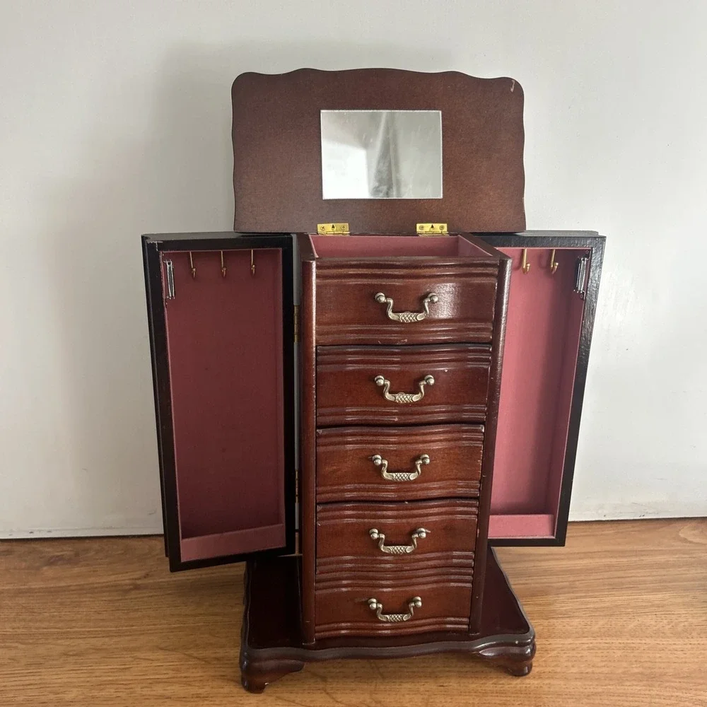 Vintage Wooden Jewelry Armoire Chest 5 Drawers Side Doors Mirror Organizer